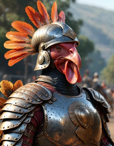 ultra realistic image of an turkey wearing gladiator armor and a helmet