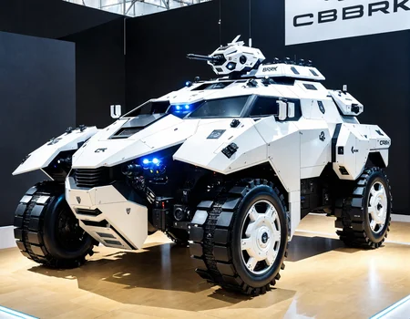 cybrk, an armored  car in a large stark white exhibition, highly detailed, exciting <lora:cybrk-knight:1>