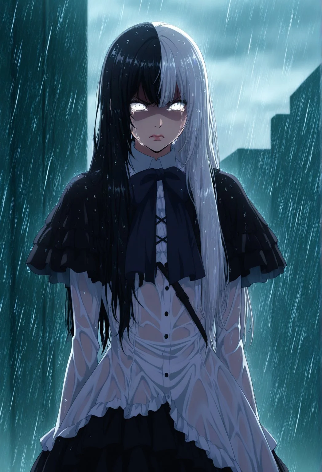 anime_coloring, solo, 1boy, otoko_no_ko, jiip_stomach, split-color_hair, black hair, white hair, dress, gothic dress, white dress, white eyes, lips, outside, angry, crying, tears, raining, wet hair, street, cloudy, shaded_face, cowboy shot,