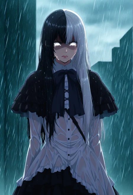 anime_coloring, solo, 1boy, otoko_no_ko, jiip_stomach, split-color_hair, black hair, white hair, dress, gothic dress, white dress, white eyes, lips, outside, angry, crying, tears, raining, wet hair, street, cloudy, shaded_face, cowboy shot,