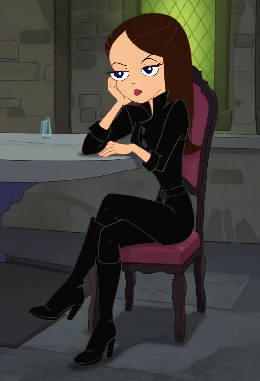 blue eyes, black jacket, black pants,sitting on chair, crossed legs, boots