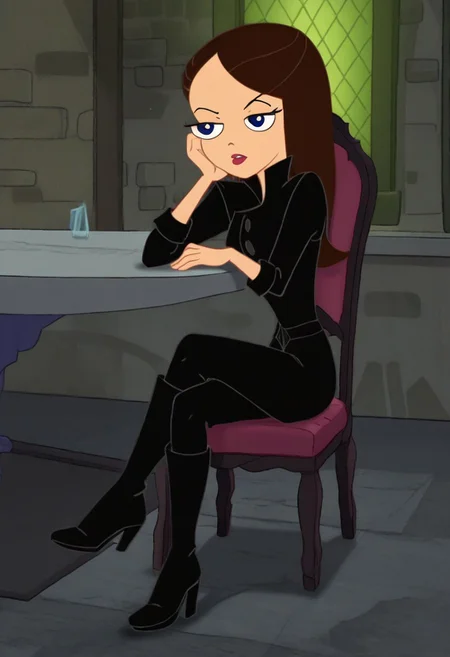 blue eyes, black jacket, black pants,sitting on chair, crossed legs, boots