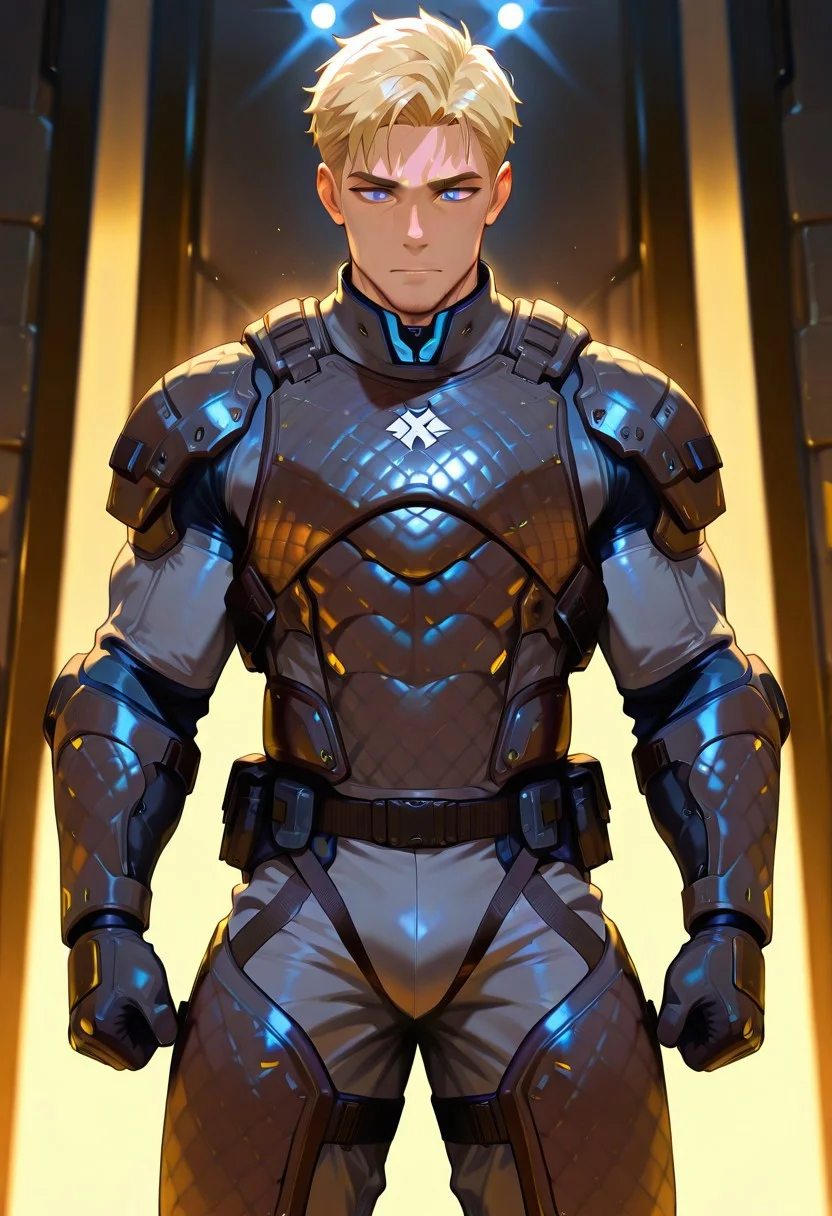 [正面+キャラ名:99],
1boy,solo,
[品質タグ:99],
masterpiece,perfect quality,best quality,amazing quality,absolutely eye-catching,
[身体特徴:99],
face,short hair,blonde hair,blue eyes,masculine,
muscle,
[服装:99],
gr01n_pr0tect0r,
Dark gray protective body armor,
[﷿ーズと解剖学的詳細:99],
[環境・背景:99],
dynamic lighting,cinematic lighting, professional lighting, 
[追加の品質/スタイルタグ:99],