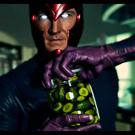 magneto is trying to open a pickles jar in a kitchen <lora:Magneto1024:0.8>