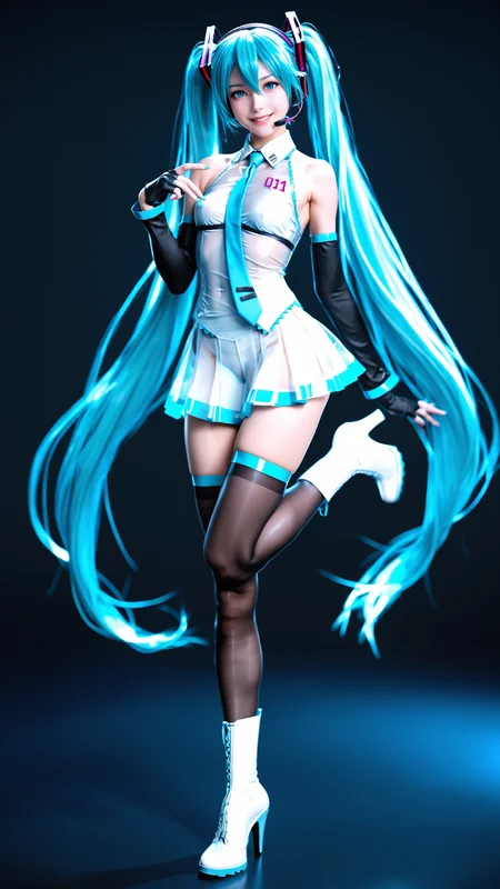 score_9, score_8_up, score_7_up, i want the whole image to be created in 3D anime style, 1girl, solo, long hair, breasts, looking at viewer, smile, skirt, thighhighs, gloves, hair between eyes, twintails, very long hair, blue hair, standing, full body, small breasts, boots, detached sleeves, necktie, black thighhighs, fingerless gloves, high heels, aqua eyes, see-through, aqua hair, leg up, white footwear, standing on one leg, black background, headset, absurdly long hair, hatsune miku