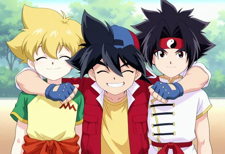 masterpiece,best quality,amazing quality,  3boys, looking at viewer, smile, arm around neck, happy, closed eyes,
takakinom, 1boy, male focus, black hair, spiked hair, hat, baseball cap, backwards hat, shirt, yellow shirt, jacket, red jacket, fingerless gloves, BREAK
raikonbb, 1boy, male focus, yblack hair, spiked hair, headband, yin yang print, chinese clothes, shirt, white shirt, BREAK
MaMizuha, 1boy, male focus, freckles, blonde hair, spiked hair, t-shirt, BREAK
outdoor