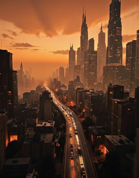 Futura. A futuristic cityscape at sunset, captured from a bird's eye view. the scene is dominated by tall skyscrapers and a long, winding highway that stretches into the distance, illuminated by the warm, orange glow of the setting sun. the cityscape is filled with a mix of modern and traditional architecture, with the tall buildings standing out against the misty atmosphere. on the left side of the image, a tall, spire-like structure stands out, adding a touch of elegance to the otherwise monochromatic scene. the sky is a deep orange, with a few wispy clouds scattered across it, creating a sense of depth and dimensionality. the overall atmosphere is one of a vast, bustling cityscape, with no other buildings or structures in sight. <lora:Futura:0.8> <lora:Synesthesia:0.3> <lora:Fluxartis_Photography:0.5> <lora:Another_Earth:0.5>