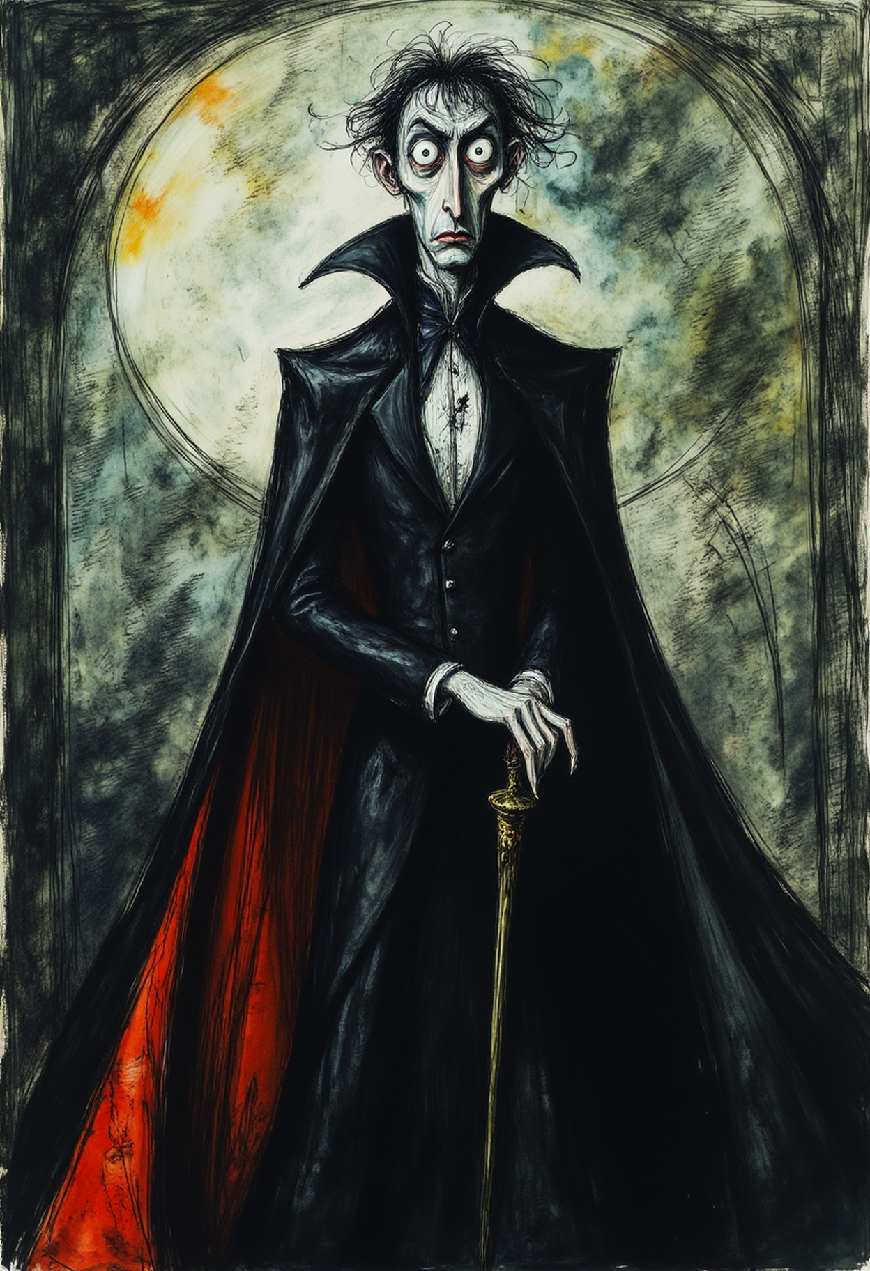 c4r1c4t8r3  Count Notfaroutoe, Discworld vampire, noble lineage, tall and gaunt, pale skin, aristocratic features, jet black hair, luxurious clothing, deep colors, burgundy, midnight blue, flowing cape, high collar, intense eyes, sharp fangs, eerie grace, predatory demeanor, old-world charm, menacing presence, fantasy setting.