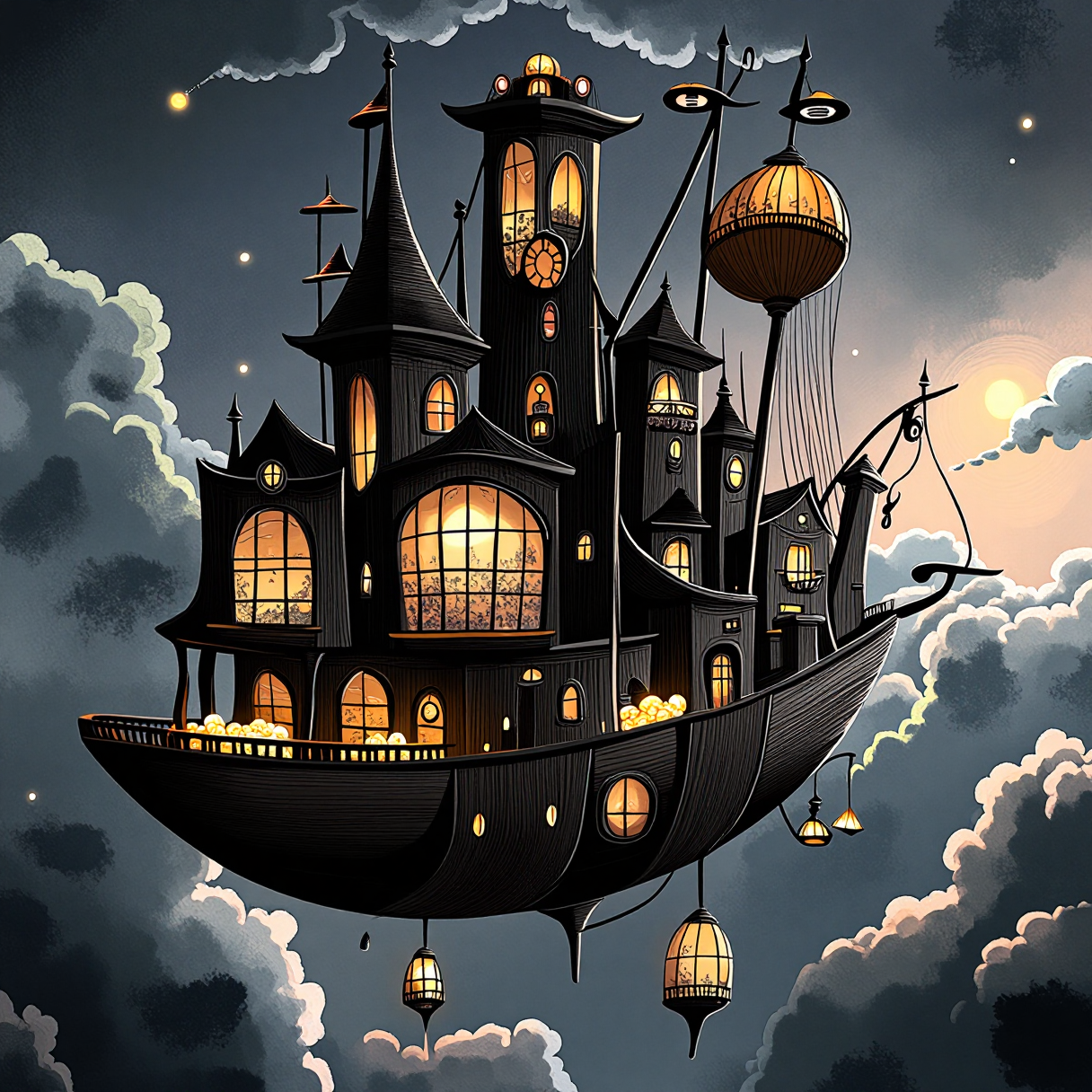 dark scrible of a Storybook Illustration art style of A steampunk airship, Victorian mansion merged with sailing ship, brass and copper fittings, dark mahogany panels, stained glass windows, steam vents, organic crystal navigation system with rose gold glow, floating in space, multiple decks, glass observation dome, elegant sails, magical energy fields, professional architectural visualization, dramatic cloud city floating in the background, cinematic lighting