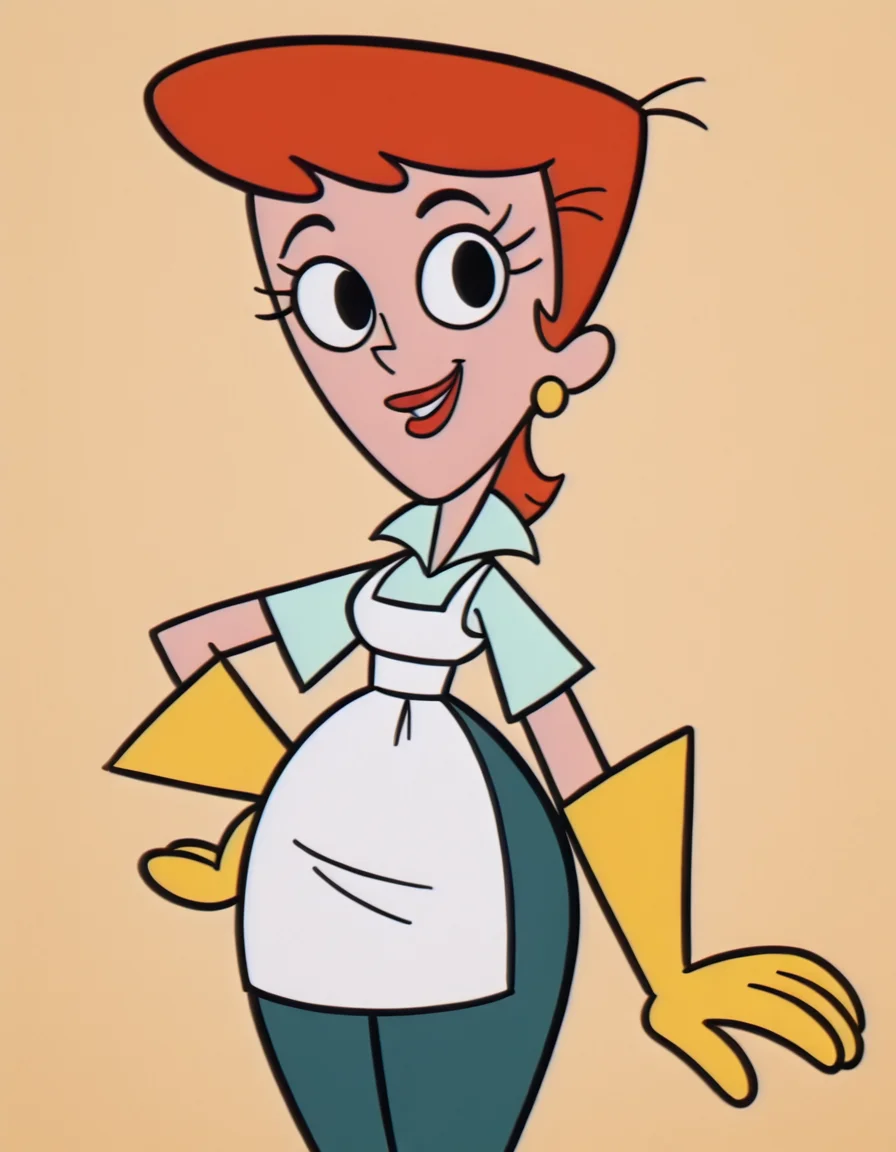 <lora:DextersMomIllustrious1.0JLFO (1):1> dextersmom, 1girl, orange hair, lipstick, short hair, apron, solo, aqua shirt, earrings, yellow rubber gloves, smile, black eyes, green pants, looking at viewer, cowboy shot,