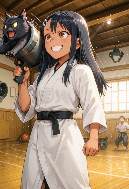 1girl, solo, masterpiece, best quality, newest, absurdres, CG, anime, source anime, illustration, very aesthetic, high resolution, ultra-detailed, newest, scenery, medium depth of field, rule of thirds, masterpiece-level, clean lines, Nagatoro_Hayase
BREAK 1girl, ((solo)), (solo focus:1.25), brown_eyes, black_hair, long_hair, dark-skinned_female, (small_breasts:1), hairclip, earclip, athletic build
white kimono with black belt, 
dynamic pose, standing, grin, smile, cat launcher gun, holding weapon, cat, depth of field, focused foreground, dramatic perspective, dutch angle
indoors, gym, dojo,
cinematic angle, various angles, detailed background, beautiful background, (rays light:1.0),(grow:1.0) mystical, luminism, vibrant colors, light particles, motion lines, from both sides