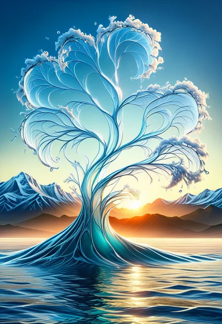 UHD, masterpiece, high quality, extremely details, intricate details, sharp focus, realistic, OverallDetailXL, sss
a tree made of ((water)) ,((ais-wvs)),  lake surrounded by mountains,sun sunlight, sunray ,sunset