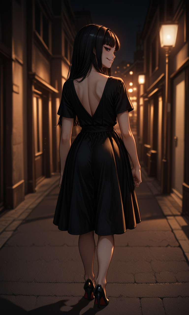 ((shadow)), ((from below)) 1girl, tomi3, black hair, bangs, looking over shoulder, rear view, street, night, smirk, black dress, smirk, high heels, dramatic lighting, dark lighting, contrast lighting, night, walking, embedding:IllustriousQual, embedding:Smooth Quality, ((shadow)), ((from below)) 1girl, tomi3, black hair, bangs, looking over shoulder, rear view, street, night, smirk, black dress, smirk, high heels, dramatic lighting, dark lighting, contrast lighting, night, walking, embedding:IllustriousQual, embedding:Smooth Quality,<lora:MoriiMee_Gothic_Niji_Style_Illustrious_r1.safetensors:0.2:0.2> <lora:tomi3.safetensors:1:1>