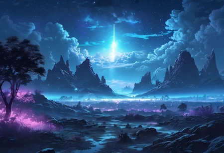 serene night, beautiful sky, apocalyptic, silhouette, Complex landscape, best quality, pastel colors, light blue tint, aesthetic Ethereal, Effulgent, Idyllic atmosphere, Tranquil, ethereal quality, cinematic volume, Twinkling lighting, glowing aura, global illumination, glowneon, Anisotropic Filtering, Unrivaled Opus, Unconventional, hyper detailed, HDR,