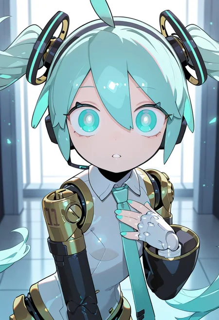 masterpiece, best quality, amazing quality, very aesthetic, absurdres, newest, scenery, , 1girl, solo, necktie, looking at viewer, shirt, twintails, android, aqua necktie, number tattoo, long hair, aqua eyes, collared shirt, hand on own chest, bright pupils, robot girl, parted lips, floating hair, white pupils, aqua hair, headset, hand up, upper body, wide-eyed, robot joints, hair between eyes, hair ornament, glowing, aqua nails, joints, mechanical parts, leaning forward, black sleeves ,cielina