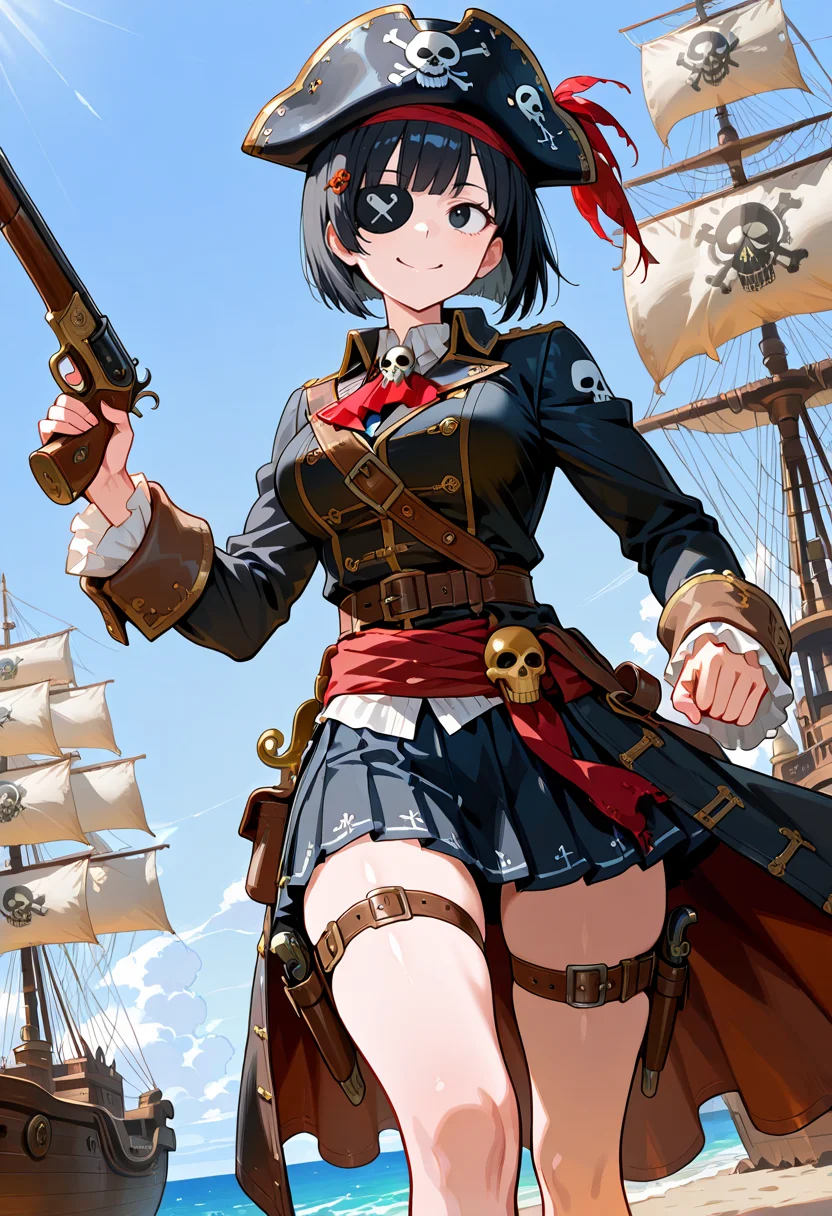 best quality, amazing quality, simple background,((outlined outlined vector graphics)),beautiful scenery,ocean,pirate ship,
from below , looking away , 1girl,,solo, 20yo, black hair, black eyes, short bob hair, hair pin,mdeium breast, slender,(white thigh strap:1.1), (glow eyes:0.7),happy,smile, cute face,pirate, pirate girl, eye patch,skull,skirt, running , , action pose , ,hat , gun, pirate-outfit <lora:pirate-il-01:0.8>