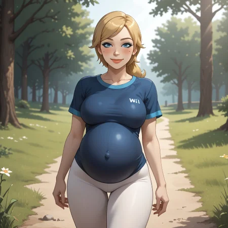 score_9, score_8, BREAK, solo, mii, wii, wii sports resort, 1girl, female mii, attractive, blonde hair, white skin, makeup, blush, blue eyeshadow, blue eyes, small nose, mole under eye, lips, black clothing, shoes, big breasts, white leggings, Alisha_(\Wii_Sports_Resort\), Nintendo Mii, modern_mii, classic_mii, cute, (((pregnant))), adult female, mature female, sexy pose, self portrait, smile, outdoors, sunlight, shadows, evening lighting, natural lighting, forest, trees, grass, orange sky, sunset