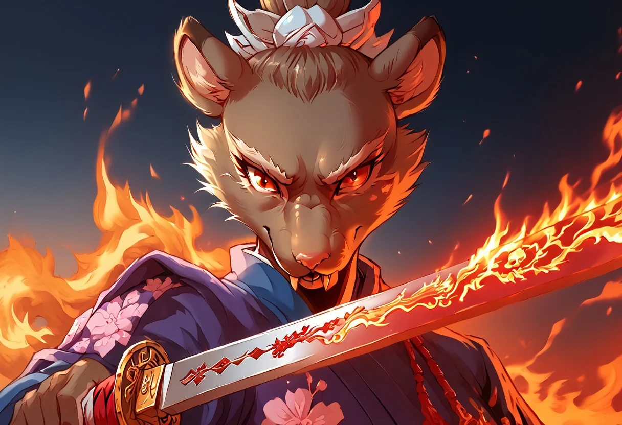 by e-zoid, score_9, score_8_up, score_7_up, high quality, Expressiveh, chinese temple, close view,
1girl, Fem_splinter, furry female, rodent, red eyes, brown fur, brown skin, kimono, bandages, big breasts, focused face, wielding sword, fire sword, fire dragon swirling around the blade, chinese symbol on sword, Dragon Samurai,