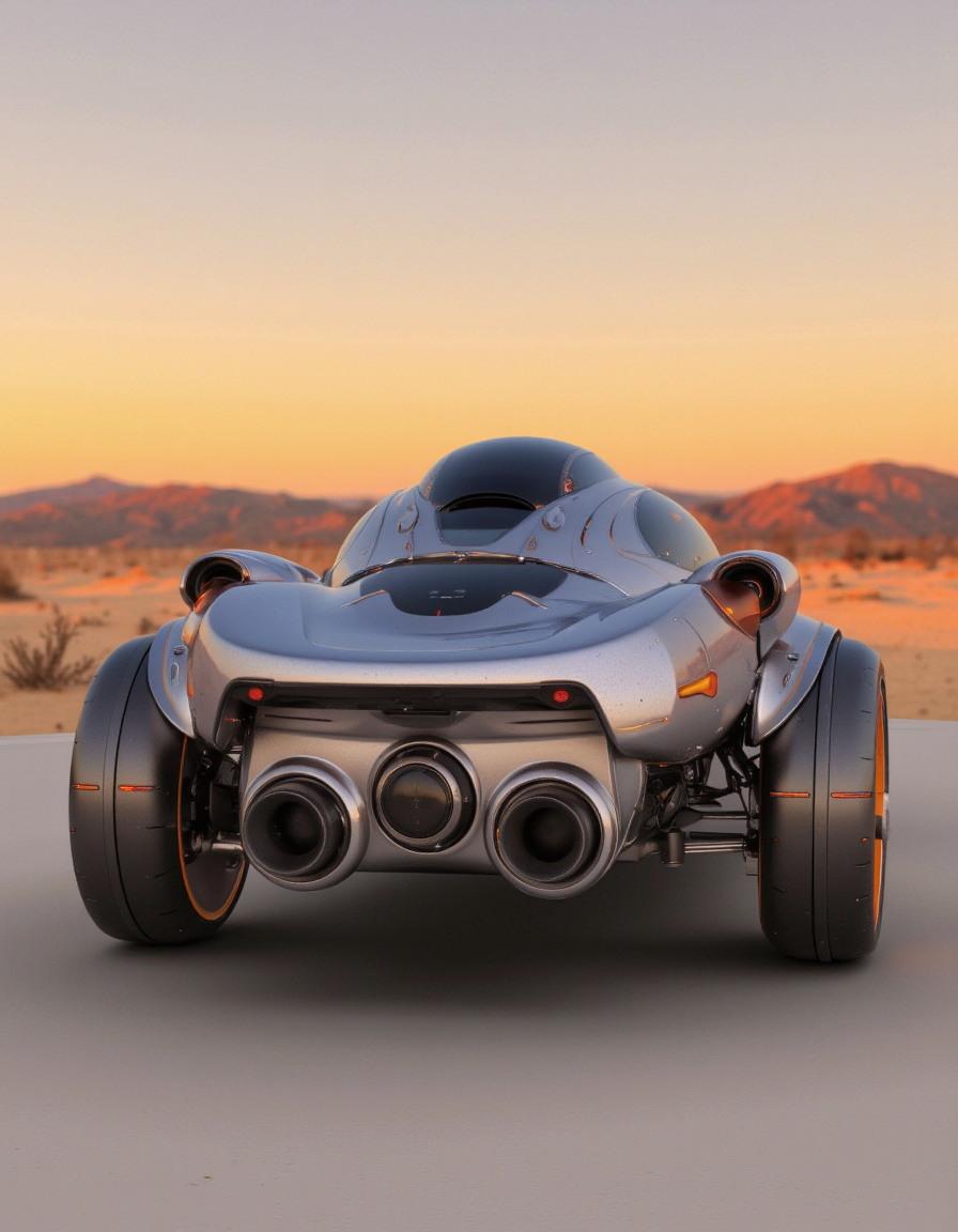 Art by Andrian Luchian. A photo-realistic rendering of a futuristic, sleek, futuristic vehicle with a sleek, metallic exterior and orange accents. the vehicle is positioned in the center of the frame, with a blurred, desert-like landscape in the background during sunset. the sky is a warm orange color, and the horizon is visible in the distance. the car has a low-slung body with a large, circular cockpit and two large, twin-cylinder exhausts on either side, giving it a sleek and modern look. the overall aesthetic of the image is minimalistic, with no other elements present in the scene.