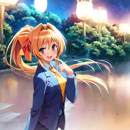 <lora:pony_xl_rumi:0.8>,rumi,score_9,score_8_up,score_7_up,source_anime,1girl,solo,orange hair ribbon,ponytail,blue suit,long_sleeves,white collared shirt,yellow tie,night,starry_sky,road,lamppost,smile,kind_smile,;d,blush,looking_at_viewer,from_side,upper_body,walking together,open your mouth and laugh,finger_to_mouth,