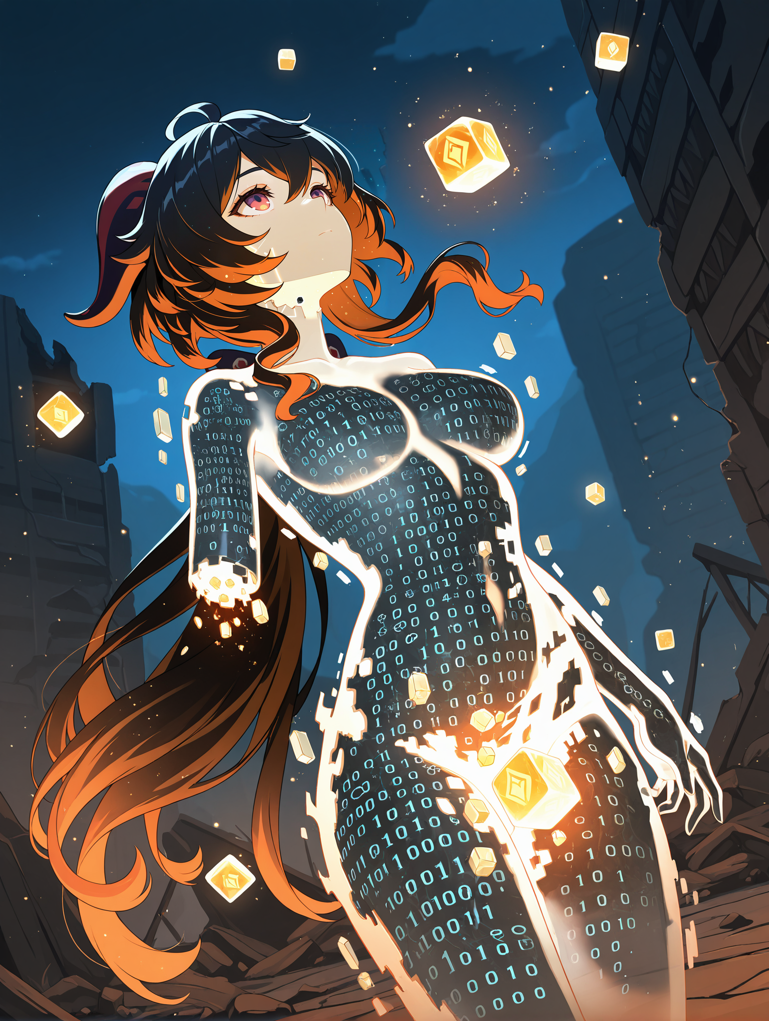ganyu \(genshin impact\),black hair,cowboy shot,see-through body, energy drain, naked,looking up, expressionless, amputee, 
monster girl,(fading:1.103),(disintegration:1.103),(dissolving:1.103),(binary:1.103),dynamic angle,cracked body,(digital dissolve:1.103),(disintegration skin:1.103),(disintegration girl:1.103),(digital dissolve skin:1.103),petrification,burning hair,gradient hair,close-up,(a lot of cubes:1.103),(cubes in skin:1.103),(black cubes:1.103),(body of cubes:1.103),floating object,transformation,henshin,light particles,gradation skin,ruins,night,
,masterpiece,best quality,amazing quality,