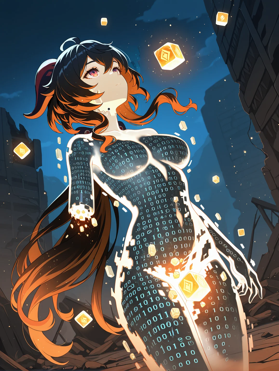 ganyu \(genshin impact\),black hair,cowboy shot,see-through body, energy drain, naked,looking up, expressionless, amputee,
monster girl,(fading:1.103),(disintegration:1.103),(dissolving:1.103),(binary:1.103),dynamic angle,cracked body,(digital dissolve:1.103),(disintegration skin:1.103),(disintegration girl:1.103),(digital dissolve skin:1.103),petrification,burning hair,gradient hair,close-up,(a lot of cubes:1.103),(cubes in skin:1.103),(black cubes:1.103),(body of cubes:1.103),floating object,transformation,henshin,light particles,gradation skin,ruins,night,
,masterpiece,best quality,amazing quality,