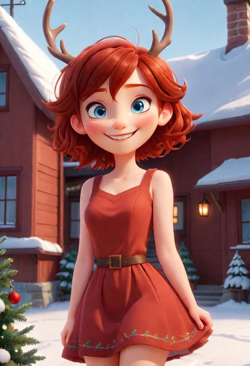 (disney pixar style:1.2) (cute adorable girl:1.15) (adult age 19:1.2)  short cherry darkred hair, smiling, thin and fit, wearing a red dress, large breasts, big blue eyes, anthro reindeer, big reindeer horns, standing outside her house in winter, the house is decorated for christmas