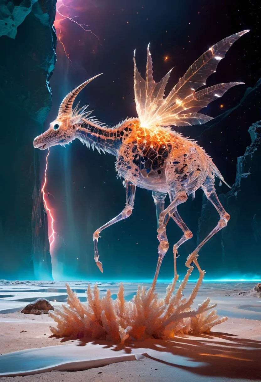 white desert oasis, salty earth, hyper detailed, rusty, striking, animalistic, bite-sized, by Floris van Schooten and by richard avedon, famous artwork inspired by (beeple:1.3) and (cliff nielsen:1.4), crystalline, fractal art, fantasy style, this peculiar life form, the "inquisitive plerkblortz" hides in the gnarling dense crystal jungles of the puffalorpled exoplanet "gazorpazorp secundus", covered in a metallic exoskeleton it ambushes its prey with (long crystalline appendages:1.4), dark, shadows, black, shadow hues, highly artistic, highly painterly, harmonic colors, expressive, ultimate aesthetic level, visible brushstrokes, masterclass artistry, vibrant energy, apocalyptic mood, atmospheric haze and dense fog, strong winds, highly aesthetic, otherworldly, limited palette, faded colors, washed out colors, extremely dark, extremely low key lighting, dark shadows, perfect composition, full panoramic shot translucent, transparent, glowneon, glowing, sparks, lightning