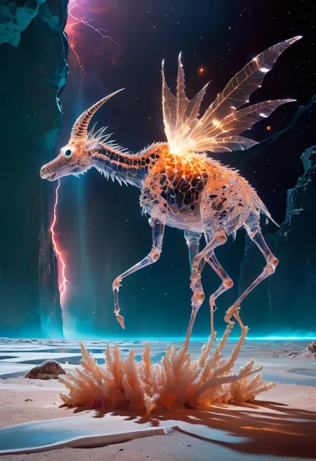 white desert oasis, salty earth, hyper detailed,  rusty, striking, animalistic, bite-sized, by Floris van Schooten  and by richard avedon, famous artwork inspired by (beeple:1.3) and (cliff nielsen:1.4), crystalline, fractal art, fantasy style, this peculiar life form, the "inquisitive plerkblortz" hides in the gnarling dense crystal jungles of the puffalorpled exoplanet "gazorpazorp secundus", covered in a metallic exoskeleton it ambushes its prey with (long crystalline appendages:1.4), dark, shadows, black, shadow hues, highly artistic, highly painterly, harmonic colors, expressive, ultimate aesthetic level, visible brushstrokes, masterclass artistry, vibrant energy, apocalyptic mood, atmospheric haze and dense fog, strong winds,  highly aesthetic, otherworldly, limited palette,  faded colors, washed out colors, extremely dark, extremely low key lighting, dark shadows, perfect composition, full panoramic shot translucent, transparent, glowneon, glowing, sparks, lightning