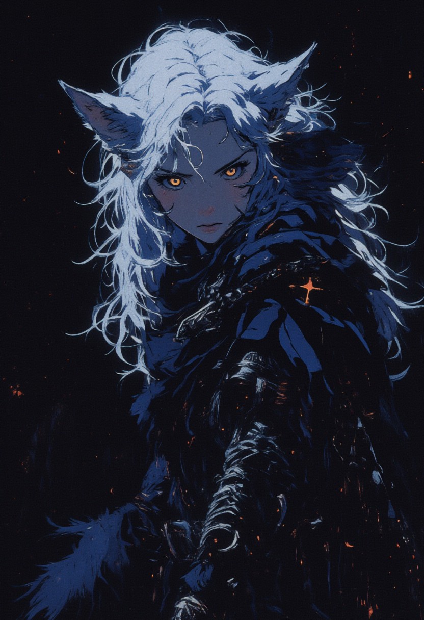 full body shot, masterpiece, best quality, elf, vampire hunter d, dark blue layered clothing, dark blue cloak, 1man, young, extremely beautiful, handsome, Long white wavy hair, hair between eyes, ((white eyelashes)), yellow eyes, ((pale skin)), ((wolf ears)), ((wolf tail)), clear skin, slender body, model pose, tall, perfect composition, ((Simple Empty Plain black hypnotic aura chaos Background)), seductive smirk, cute, very pretty, sexy, innocent, subtle, simple, close up, majestic