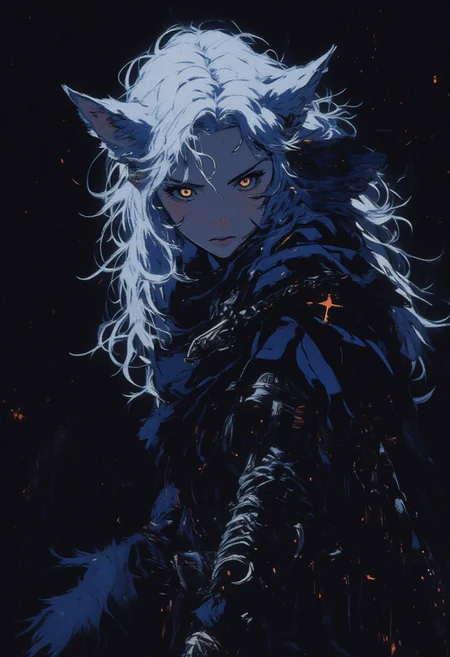 full body shot, masterpiece, best quality, elf, vampire hunter d, dark blue layered clothing, dark blue cloak, 1man, young, extremely beautiful, handsome, Long white wavy hair, hair between eyes, ((white eyelashes)), yellow eyes, ((pale skin)), ((wolf ears)), ((wolf tail)), clear skin, slender body, model pose, tall, perfect composition, ((Simple Empty Plain black hypnotic aura chaos Background)), seductive smirk, cute, very pretty, sexy, innocent, subtle, simple, close up, majestic