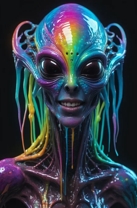 impossibly beautiful portrait of alien shapeshifter entity, insane smile, intricate complexity, surreal horror, inverted neon rainbow drip paint, trending on art station, photoreal, 8 k, octane render by greg rutkowski