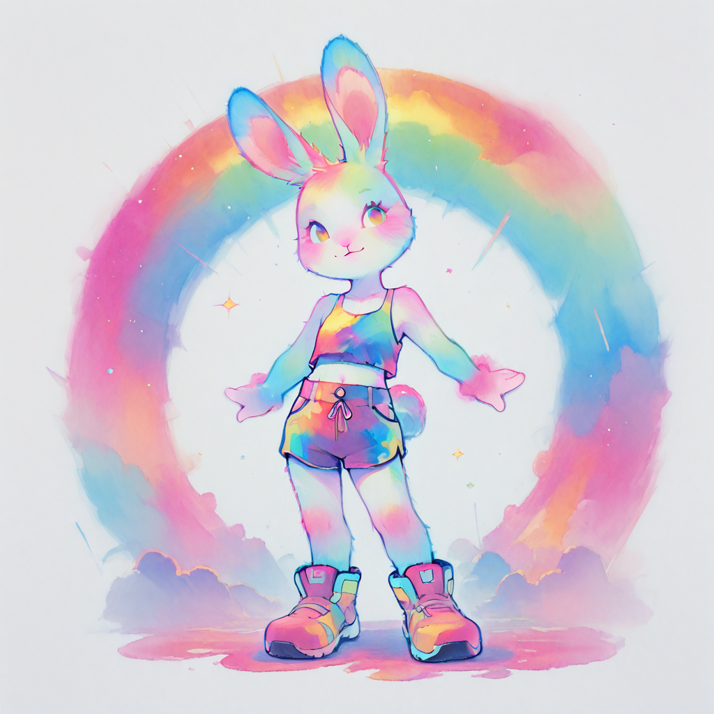 highly detailed, traditional media, cute, colorful, solo, anthro rabbit, tank top, shorts, full body, pose