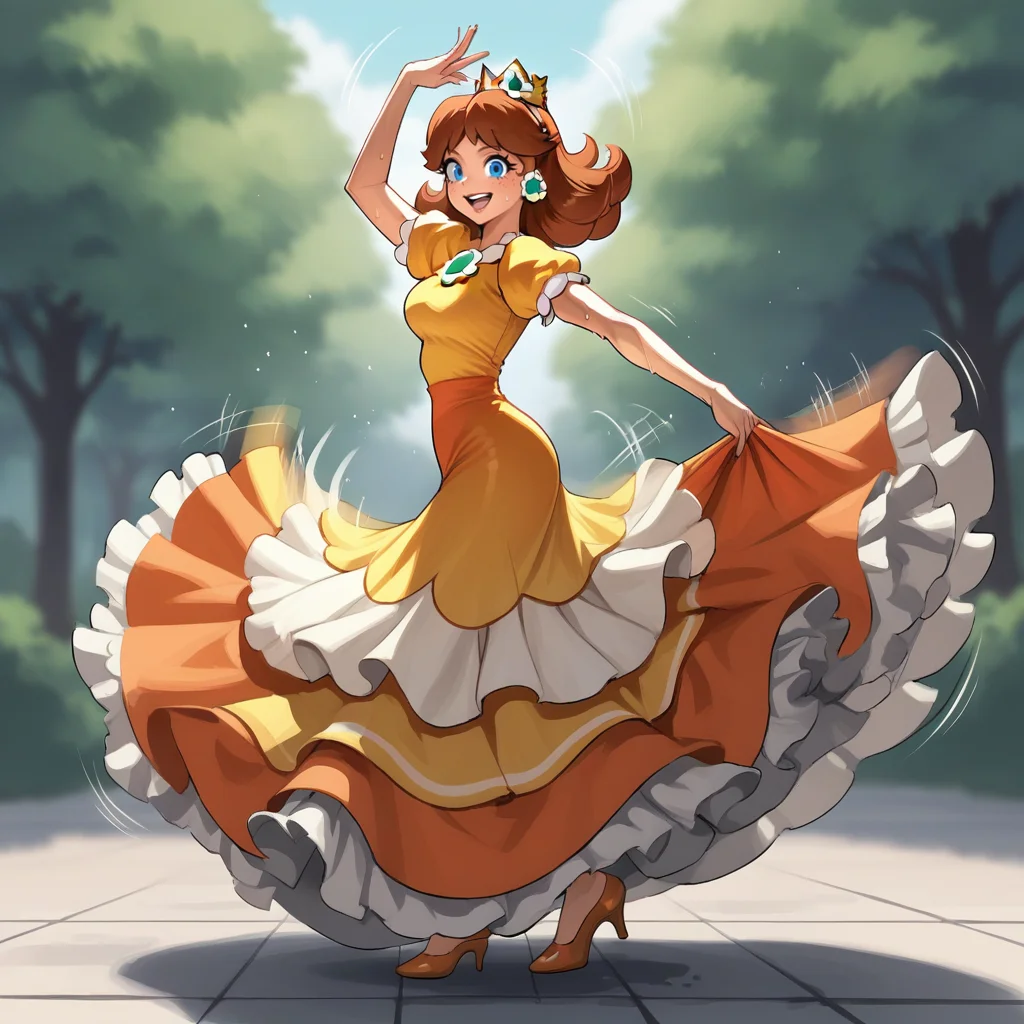 score_9, score_8_up, score_7_up, score_6_up, score_5_up, score_4_up, zPDXL2,source_anime,rating_questionable,1girl, solo, outdoors, dancing,looking at viewer, smile, sweat, motion lines, motion blur, Princess Daisy <lora:Flamenco_Dress:0.8> fl4m3nco, hair flower, long dress, frills, high heels