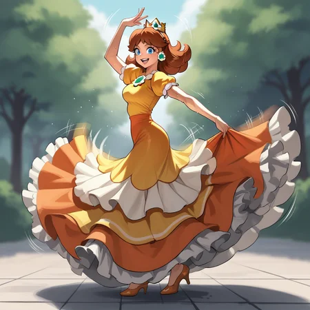 score_9, score_8_up, score_7_up, score_6_up, score_5_up, score_4_up, zPDXL2,source_anime,rating_questionable,1girl, solo, outdoors, dancing,looking at viewer, smile, sweat, motion lines, motion blur, Princess Daisy <lora:Flamenco_Dress:0.8> fl4m3nco, hair flower, long dress, frills, high heels