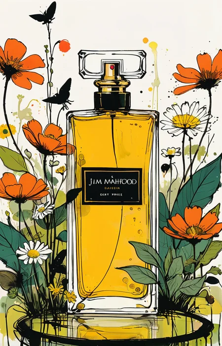masterpiece,best quality,<lora:tbh333-sdxl:0.6>,illustration,style of Jim Mahfood A bottle of perfume in garden