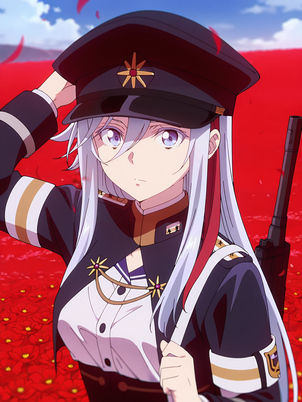 <lora:Vladilena_Milizé:0.8>, vladilena millize, 1girl, solo, blue eyes, long silver hair, military hat, military uniform, armband, gold trim, white shirt, shirt tucked in, high-waist skirt, confused, closed mouth, standing, holding strap, gun on back, weapon over shoulder, hand on headwear, portrait, looking at viewer, outdoors, red flower field, sky, cloud, red petals, depth of field