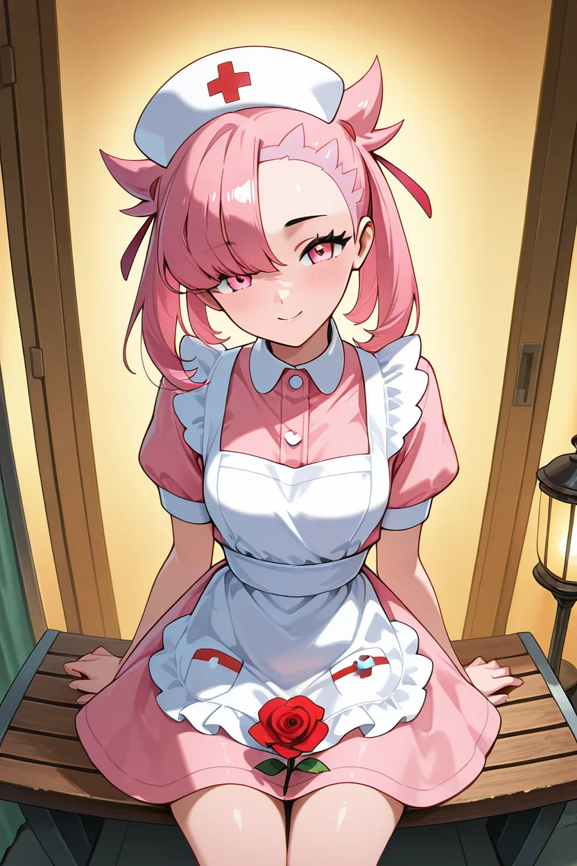 masterpiece, best quality, 1girl, solo, (beautiful eyes), zzNurseMarnieCitron, pink eyes, hair ribbon, medium hair, pink hair, asymmetrical bangs, ribbon, nurse, pink dress, white apron, nurse cap, sitting beside her date on a wooden bench in a lantern-lit garden, holding a single flower in her hand, her soft smile glowing in the golden light, the faint scent of blooming roses surrounding them, an intimate and enchanting atmosphere under the stars <lora:NurseMarnieIXL:1.0>,