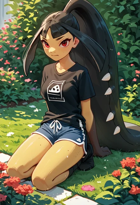 zPDXL3, score_9, score_8_up, score_7_up, score_6_up, score_5_up, score_4_up, 1girl, solo, medium breasts,
grimace, kneeling, t-shirt, lowleg shorts, garden,
pkmaw,