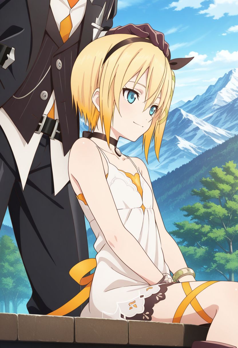 detailed eyes, beautiful, detailed background, perfect eyes,
source_anime, very aesthetic, anime coloring,
<lora:HandFineTuning_XL:1>
BREAK,
mountains, trees,
cowboy shot, sitting, height difference, light smile, head pat,
BREAK,
<lora:edna_illustrious_v01:0.8>
1girl, ednabase, short hair, blonde hair, multicolored hair, orange hair, blue eyes, hair between eyes, bow hairband, hair bow, hair ribbon, side ponytail,
white dress, sleeveless dress, single glove,
boots, leg ribbon, 
<lora:eizel_illustrious_v01:0.99>
1boy, eizenbase, asymmetrical footwear,  short hair, hair between eyes, vest, black jacket, black pants, belt, gloves