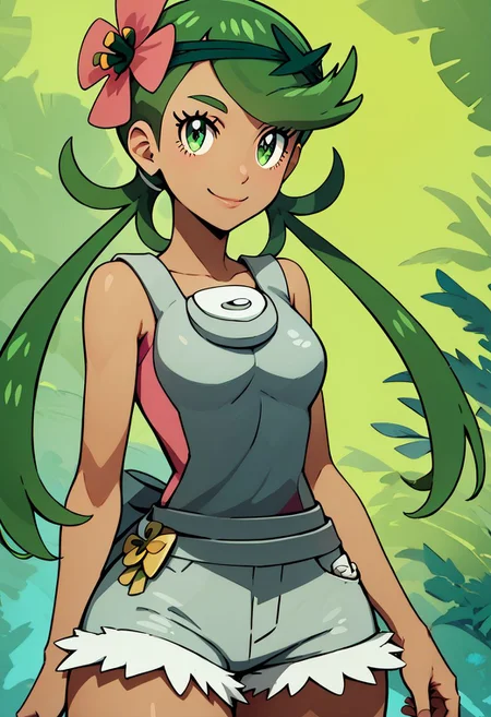 score_9, score_8_up, score_8, medium breasts, (curvy), cute, eyelashes,
rating safe,
BREAK,
zzMallow, green hair, green eyes, hair flower, hair ornament, grey overalls, pink shirt, sleeveless, grey shorts,
BREAK,
smile, looking at viewer,
abstract jungle background,
zPDXL, Expressiveh