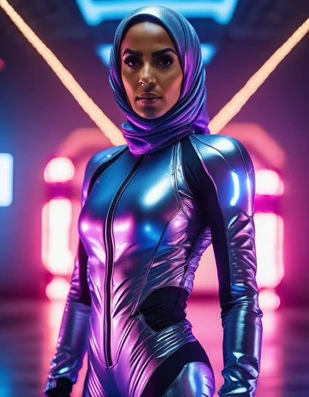 A full-body shot of an athletic Middle Eastern woman in a form-fitting, futuristic jumpsuit. Her hair is wrapped in a sleek, metallic hijab that glistens under the lights. She stands tall and powerful, exuding strength and determination, with her intense gaze fixed straight ahead. <lora:usual-portrait-v2:1>
