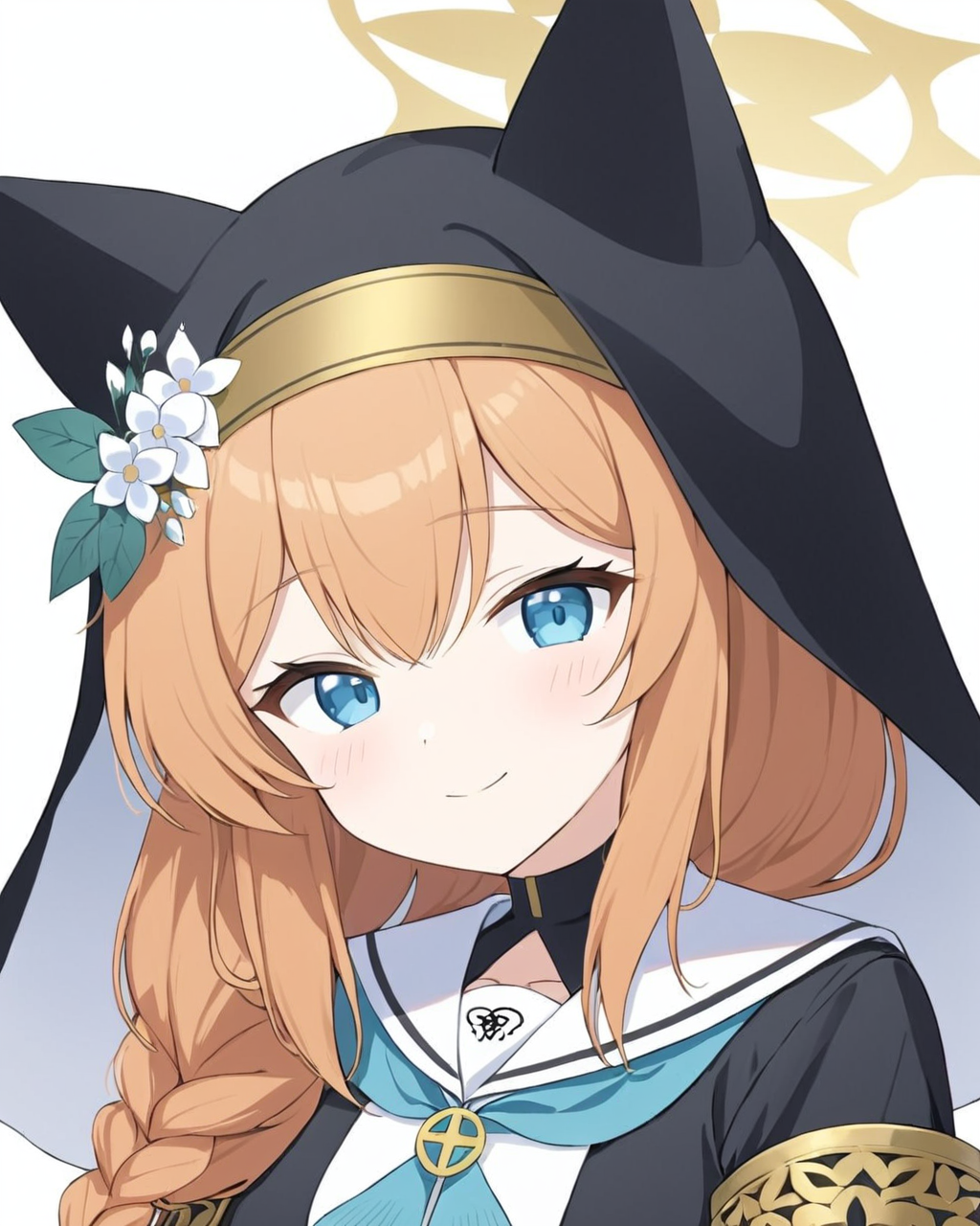 mari \(blue archive\),1girl, animal_ear_headwear, halo, solo, nun, habit, smile, white_background, simple_background, white_sailor_collar, single_braid, upper_body, hat_flower, long_sleeves, looking_at_viewer, blue_neckerchief, notice_lines, white_flower, cropped_torso, closed_mouth, frills
<lora:mari_(blue_archive)_image2498_2023-11-28-000008:1>halo. gorgeous,key visual, vibrant, studio anime,award-winning, professional, highly detailed,high budget, cinemascope