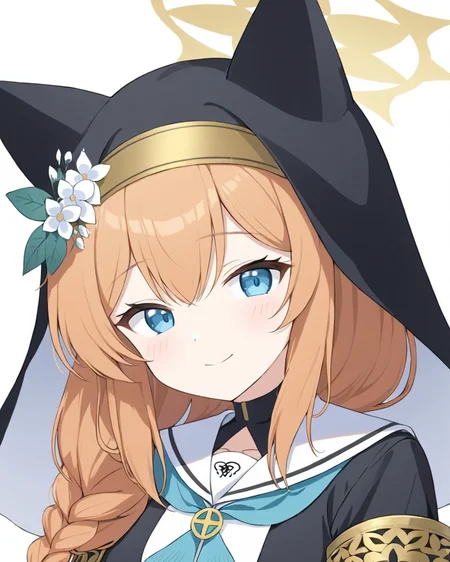 mari \(blue archive\),1girl, animal_ear_headwear, halo, solo, nun, habit, smile, white_background, simple_background, white_sailor_collar, single_braid, upper_body, hat_flower, long_sleeves, looking_at_viewer, blue_neckerchief, notice_lines, white_flower, cropped_torso, closed_mouth, frills
<lora:mari_(blue_archive)_image2498_2023-11-28-000008:1>halo. gorgeous,key visual, vibrant, studio anime,award-winning, professional, highly detailed,high budget, cinemascope