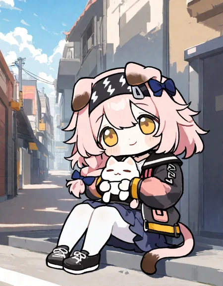 1girl,
goldenglow \(arknights\),
cat ears, outdoors, street, cloudy sky, tail, bow, yellow eyes, cat girl, black hairband, long hair, long sleeves, shoes, pink hair, looking at viewer, shirt, black jacket, lightning bolt print, city, white shirt, sky, collarbone, hair bow, hairband, road, animal ears, pantyhose, skirt, holding, cloud, blue skirt, jacket, solo, full body, blue bow, holding cat, smile, cat tail, holding animal, white pantyhose, animal, black footwear, cat, sitting, print hairband, open clothes, day, hair between eyes, open jacket, closed mouth, single braid, braid,
masterpiece, best quality, safe
<lora:coco_xl_v1-000010:1>