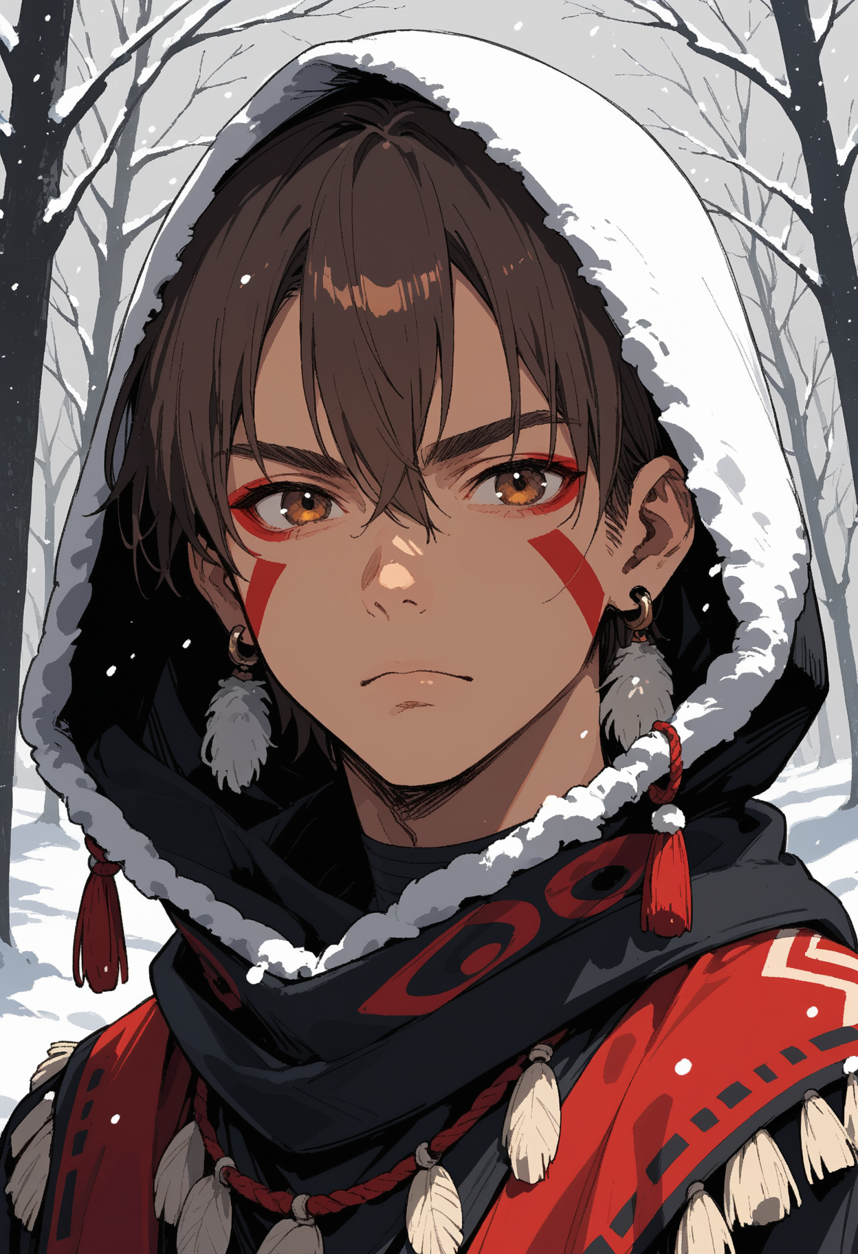 score_9, score_8_up, score_7_up,source_anime,1boy,solo,intense brown hair,short hair,pompadour haircut,hair between eyes,brown eyes,perfecteyes,eyebrows,tribal clothes,((wearing a hood)),fur hood,tribal earrings,red face marking,snow,snowing,tree,looking at viewer,sinozick,flat colors