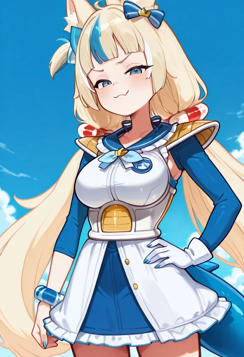 masterpiece, best quality, sameko saba, low twintails, animal ears, blue eyes, blonde hair, blue streaked hair, ribbon, blue hair bow, two-tone hair, lifebuoy hair ornament, fish tail, blue nails,
white saiyan armor, shoulder pads, blue skirt, long sleeves, blue sleeves, white gloves,
long hair, ribbon, smile, single wrist scrunchie, blue sky, brooch, large breasts ,,
skin fang, looking at viewer,
hand on hip, hip to the side, smug,