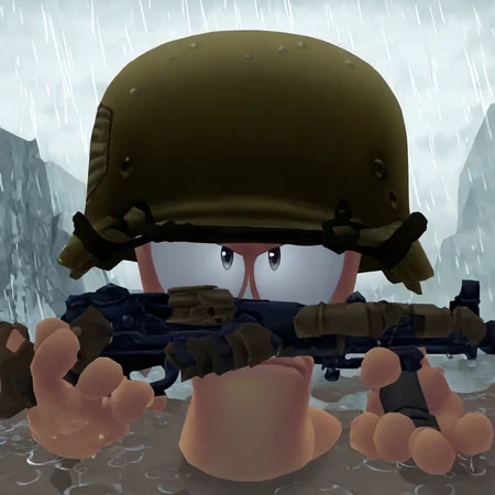wormsteam17, mayhemworm, soldier worm, 1worm, solo, eyebrowless, grey eyes, khaki headwear, combat helmet, worm hands, holding assault rifle, serious, closed mouth, looking at viewer, outdoors, overcast, rain, soil, wartorn landscape, dim colors, masterpiece, best quality, newest, absurdres, highres, safe