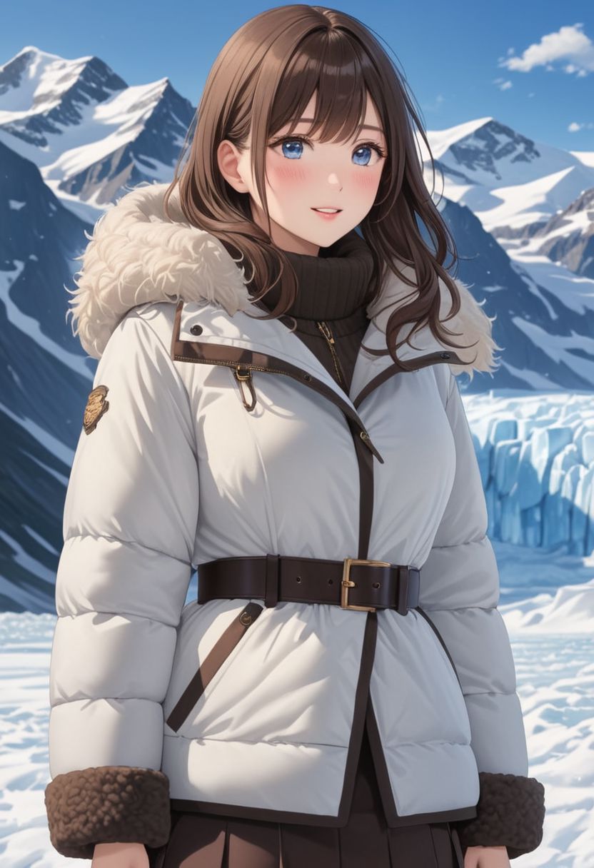 ((((white Oversized shearling down jacket)))), ((((white Oversized shearling puffer jacket)))), ((((white Oversized shearling winter clothes)))), ((((very very cold, in cold)))), ((((semi-realistic)))), ((((puffer hood)))), ((medium knee office skirt, pantyhose, boots)), ((((cowboy shot)))), ((sharp eyelid, eyeliner, eyelashes, beautiful detailed eyes, tsurime, long messy brown hair, blue eyes, perfect anatomy)), detailed fingers, solo, smile, standing, icefield, ((((masterpiece)))), ((((best quality)))), ((intricate details)), RAW, 8K UHD, (1girl), office lady, detailed face, beautiful face, charming, bonny, (((blush))), (((heavy breathing))), (((feels orgasm))), wind, (Thick padded collar:1.4), (TSH:1.4), (Thick padded cuffs:1.4)