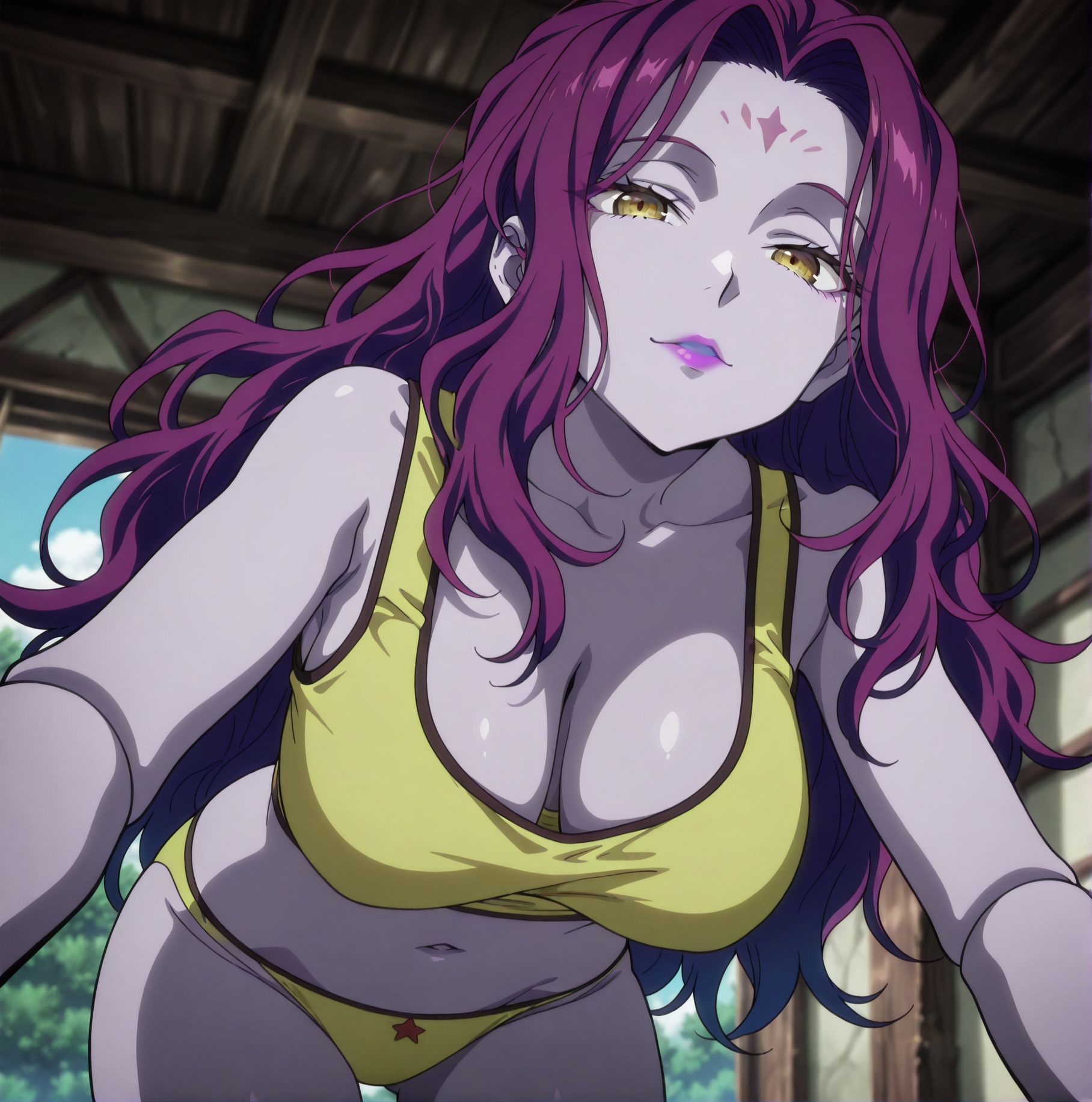 masterpiece best quality newest absurdres highres detailed eyes beautiful detailed background perfect eyes anime coloring anime screencap<lora:add-detail-xl:0.5>,,masterpiece, best quality, newest, absurdres, highres, detailed eyes, beautiful, detailed background, perfect eyes, anime coloring, anime screencap,
<lora:Downblouse:0.3>Downblouse_V1,
1girl,solo,underwear,sagging breasts, 
breasts,looking at viewer,
cleavage, sagging breasts, 
seductive pose, large bust, leaning forward,  
exposed cleavage, suggestive angle, 
bent over,downblouse, 
BREAK
monster hunter \(series\), official art,  huge breasts,  
mm,long hair,purple hair,facial mark,lipstick,yellow eyes,forehead mark,colored skin,doll joints,joints, tank top,yellow tank top,star (symbol),navel,midriff,yellow panties,<lora:Zazan-Hunter_x_Hunter:0.8>